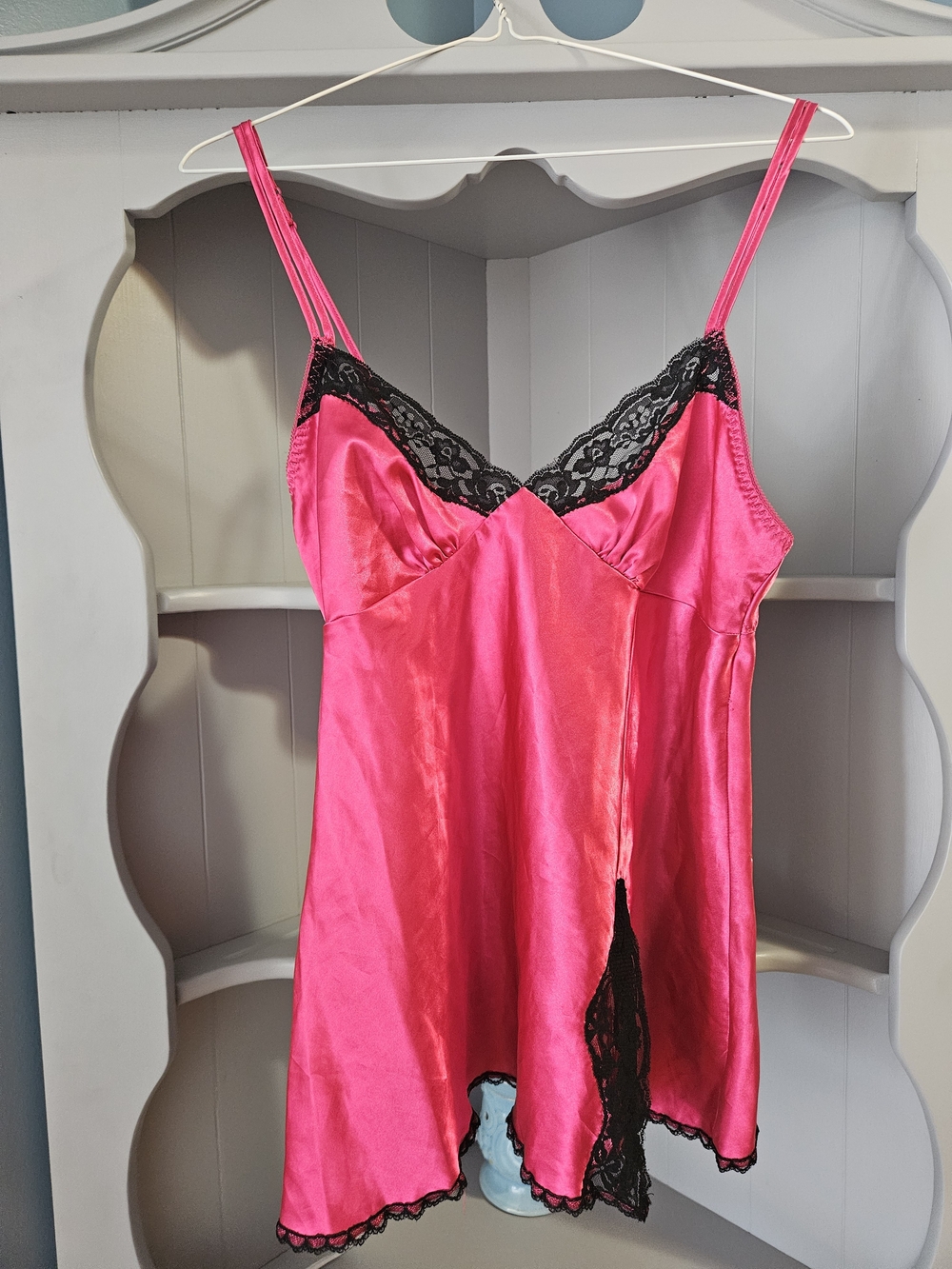 Hot Pink Satin Chemise with Black Lace Trim, Small